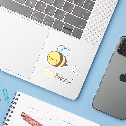 Sticker Abeille positive mignonne heureux (Ordinateur portable avec iPhone)