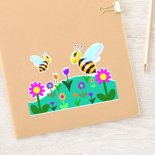 Sticker Abeilles heureuses dans un champ de fleurs