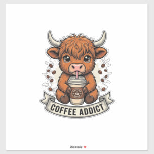 Sticker Accro au café Vache des Highlands Mignonne Gravure
