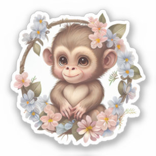 Sticker Adorable aquarelle Floral Indie Baby Monkey