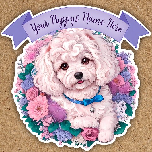 Sticker Adorable Bichon Frisé, assortiment de fleurs sur m