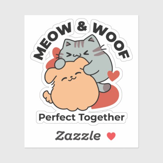 Sticker Adorable chat et chien Hug - Meow & Woof Design (Feuille)