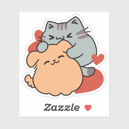 Sticker Adorable chat et chien Hug - Meow & Woof Design (Feuille)