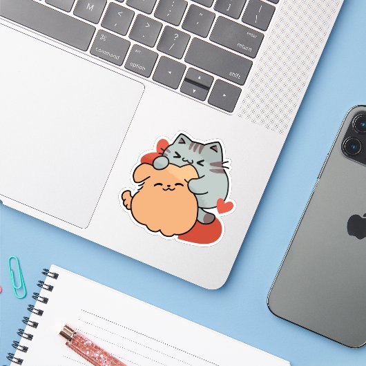 Sticker Adorable chat et chien Hug - Meow & Woof Design (Ordinateur portable avec iPhone)