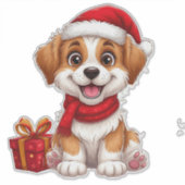 Sticker adorable chiot de Noël avec chapeau de Père Noël (Devant)