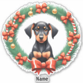 Sticker Adorable Coupe Doberman de Noël dans une couronne (Devant)