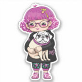 Sticker Adorable fille accroupissant un Carlin (Devant)