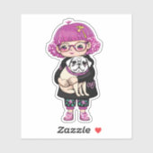 Sticker Adorable fille accroupissant un Carlin (Feuille)