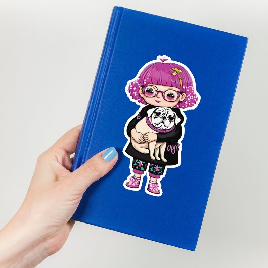 Sticker Adorable fille accroupissant un Carlin