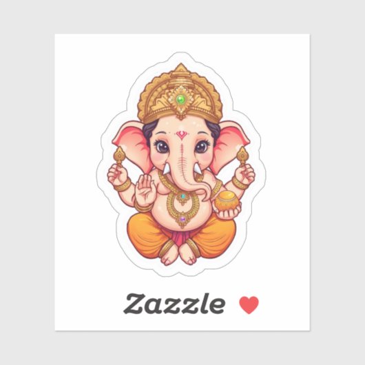 Sticker Adorable Ganpatio Bappa - Chibi Style Ganesha avec (Feuille)