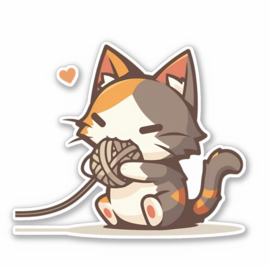 Sticker Adorable Kawaii Chibi Calico Chat Jouer avec du fi (Devant)