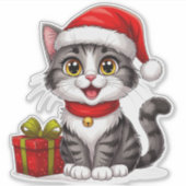Sticker adorable Kitten de Noël avec chapeau de Père Noël (Devant)