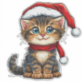 Sticker Adorable Kitten de Noël portant un chapeau de Père (Devant)