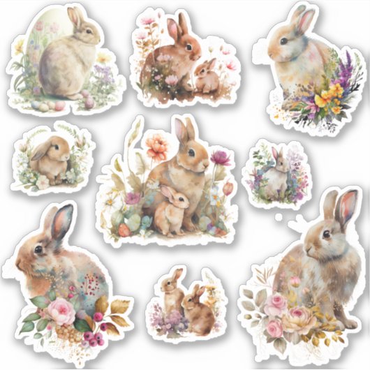 Sticker Adorable lapins de Pâques avec fleurs (Devant)