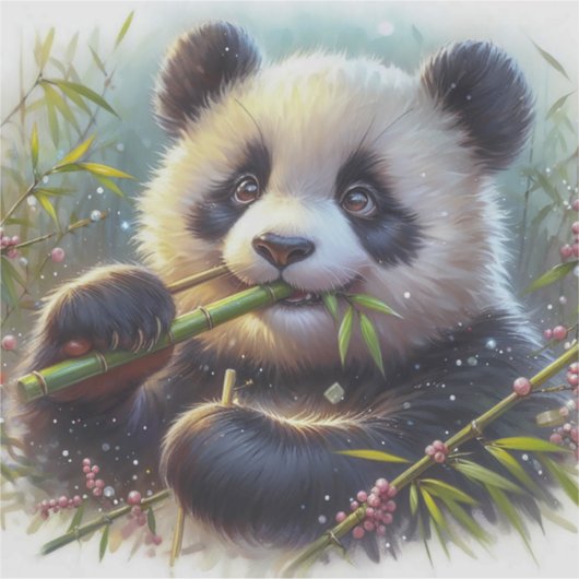 Sticker Adorable Ours De Panda Mangeant Bambou (Devant)