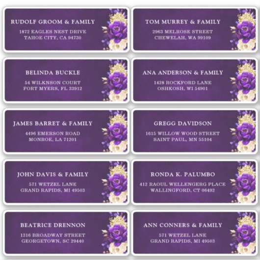 Sticker Adresse de l'invité de mariage floral or pourpre r (Devant)
