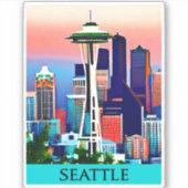 Sticker Affiche de voyage de Seattle sous un ciel d'aube (Devant)