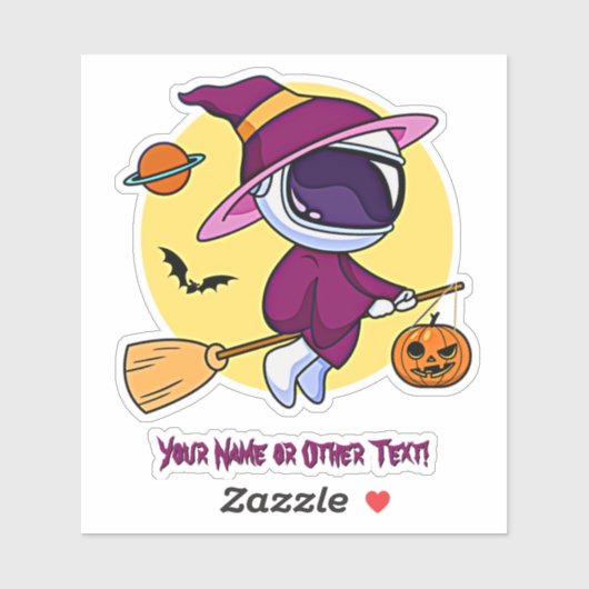 Sticker Ajouter un nom Cute Astronaut Witch Broom Saturn C (Feuille)