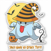 Sticker Ajouter un nom, mignon Citrouille Lune Sorcière Ca (Devant)