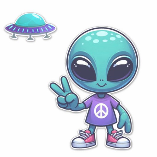 Sticker Alien de paix mignon et vaisseau spatial (Devant)