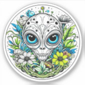Sticker Alien Extraterrestre dans Fleurs Nuit Étoilée (Devant)