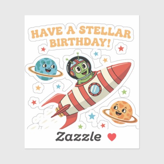 Sticker Alien Rétro Mignon dans une Fusée Spatiale | Bi St (Feuille)