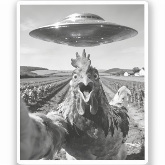 Sticker Alien UFO Chicken Art Abduction SciFi Humor (Recto)