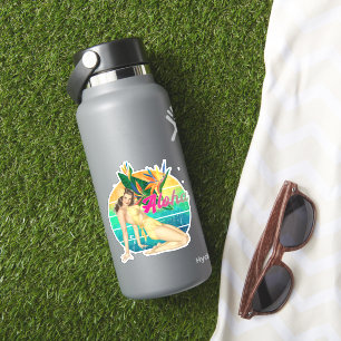 Sticker Aloha Tropical Pin-up fille retro coucher de solei