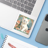 Sticker Alphonse Mucha Style Chat blanc (Ordinateur portable avec iPhone)