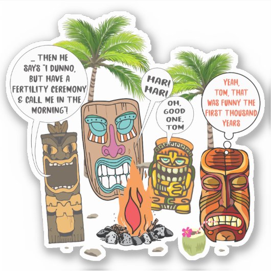 Sticker Amusant tiki tropical hawaïen têtes de feu de camp (Devant)
