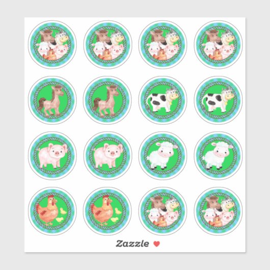 Sticker Animaux de ferme dressés en vichy bleu vert (Feuille)