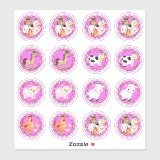 Sticker Animaux de ferme dressés en vichy rose pâle (Feuille)