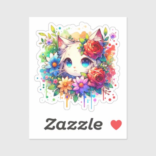 Sticker Anime arc-en-ciel Kitten et Fleurs (Feuille)