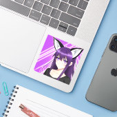 Sticker Anime fille avec cheveux et yeux pourpres (Ordinateur portable avec iPhone)