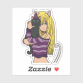 Sticker Anime Girl and mignonne Cat (Feuille)