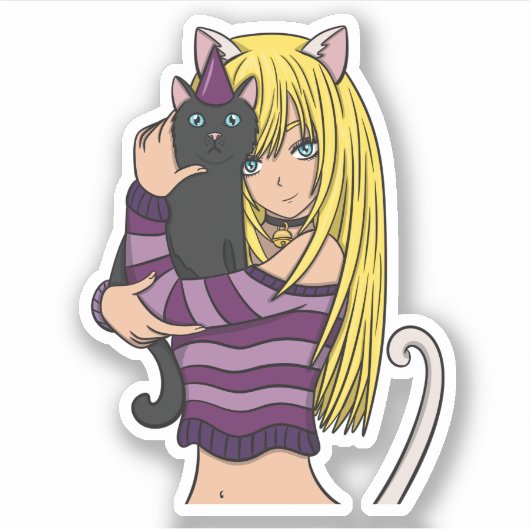 Sticker Anime Girl and mignonne Cat (Devant)