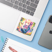 Sticker Anime Girl et papillon Ai Art (Ordinateur portable avec iPhone)