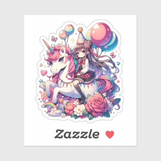 Sticker Anime Girl sur Unicorn Anniversaire (Feuille)