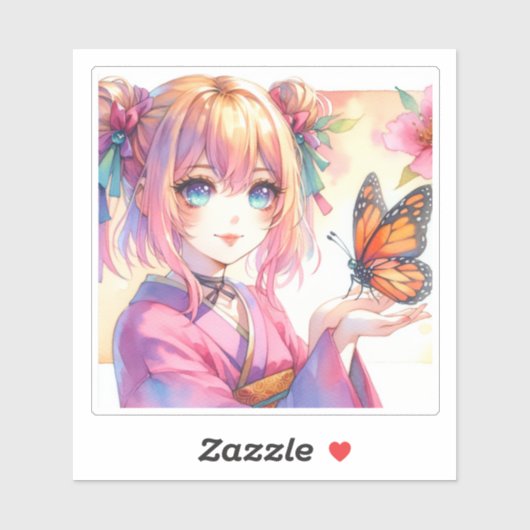 Sticker Anime Girl tenant un papillon (Feuille)