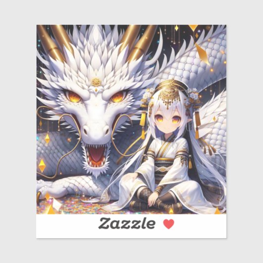 Sticker Anime Girl Warrior et Dragon Ai Art (Feuille)