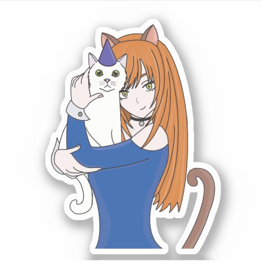Sticker Anime Manga Girl and Cat (Devant)