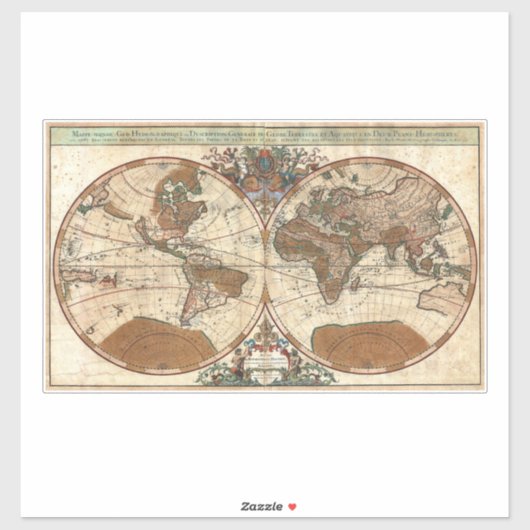 Sticker antique vintage 1691 Sanson carte du monde (Feuille)