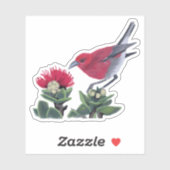 Sticker Apapane & Lehua Blossom Hawaii Nature Illustration (Feuille)