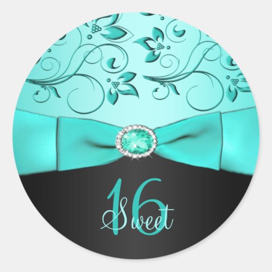 Sticker Aqua et Black Floral Sweet sixteen (Devant)