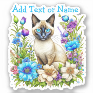 Sticker Aquarelle Ai personnalisée Chat siamois en Fleurs