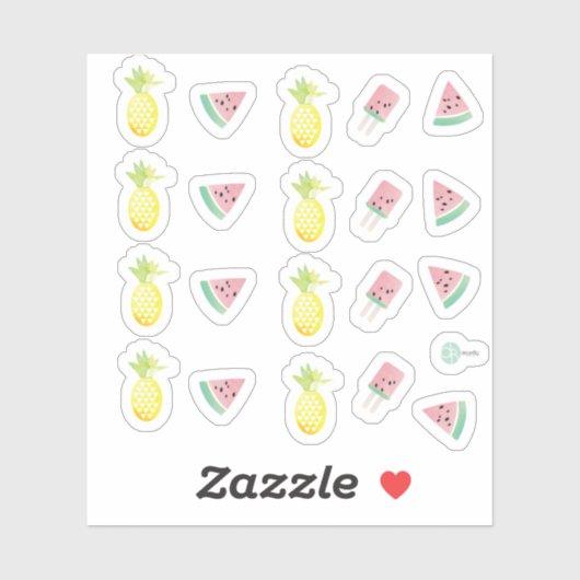Sticker Aquarelle Ananas et Pastèque Tropicaux (Feuille)