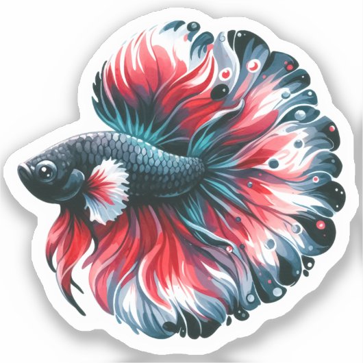 Sticker Aquarelle Betta Poisson Noir Blanc et Rouge (Recto)