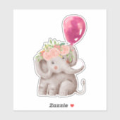 Sticker Aquarelle Bleu Bébé éléphant avec couronne de fleu (Feuille)