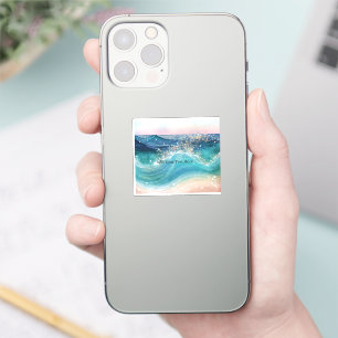 Sticker Aquarelle Bleu Blanc Océan Vague Personnalisée Nom