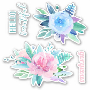 Sticker Aquarelle bleu et rose fleurs. Floral magnifique